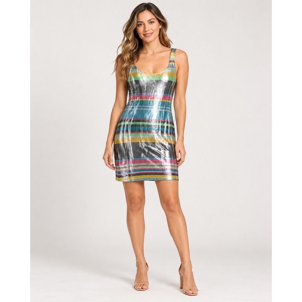 Lovely Day Mini Dress Womens Small Multi Color Metallic Stripe Bodycon Party